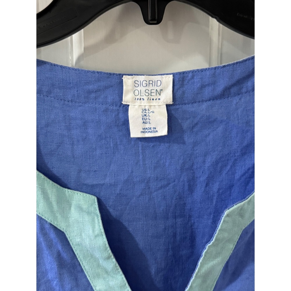 Sigrid Olsen 100% Linen Tunic Dress Blue Aqua Trim Size L - Picture 3 of 4
